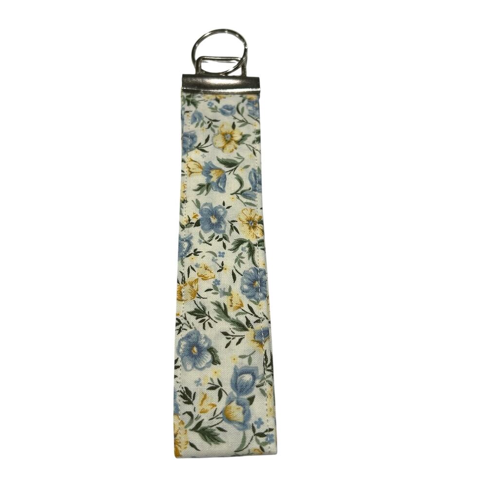 NEW Handmade Wrist Keychain Blue and Yellow Floral Cotton Silver Tone Hardware
